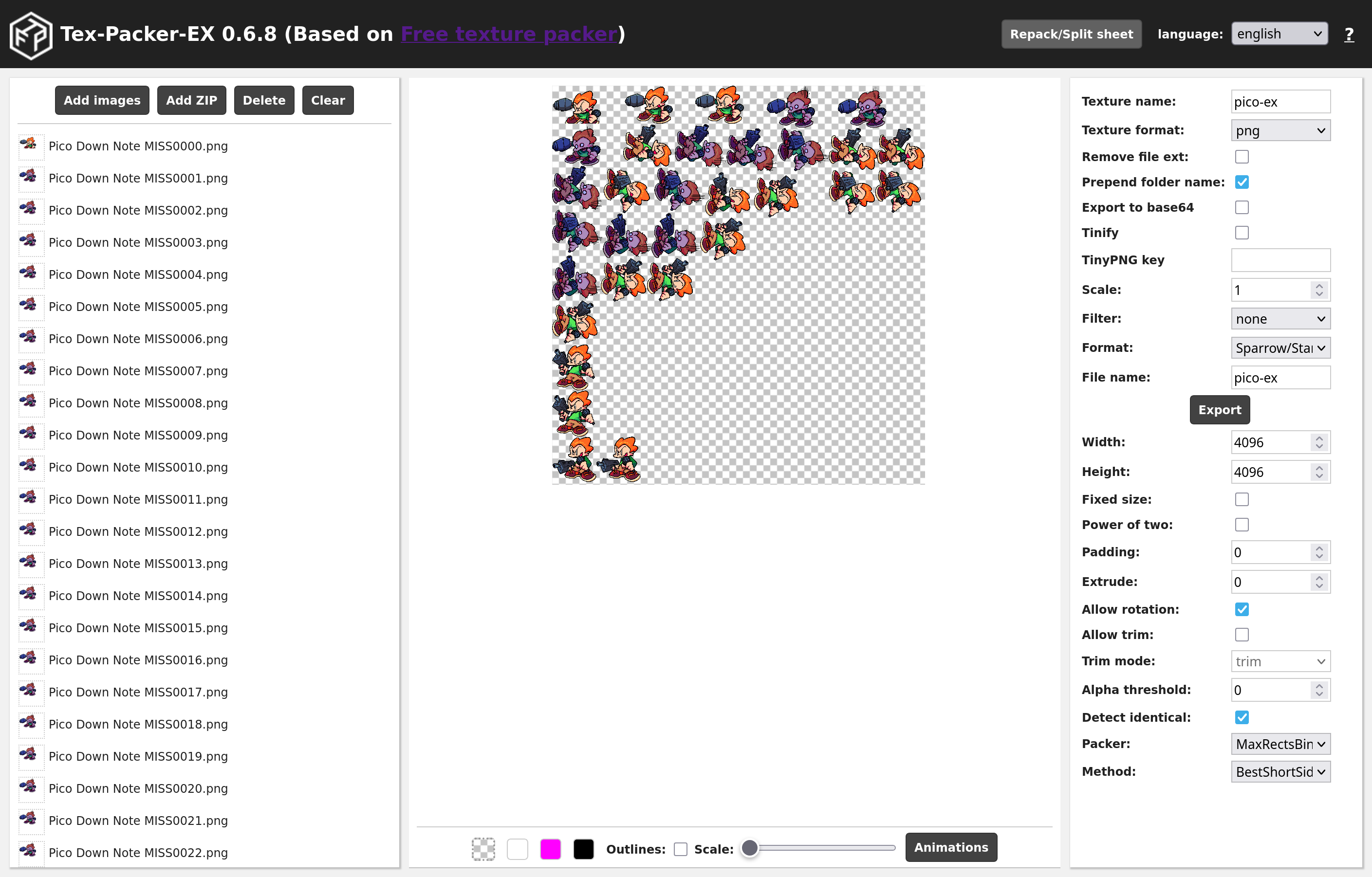 An open session in Tex-Packer-EX, that displays an example spritesheet split from Pico's spritesheet being edited.