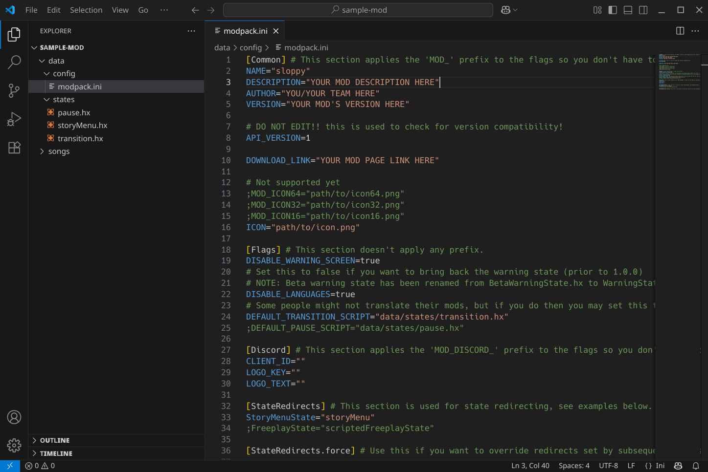 A screenshot of an active VSCode session. The session is open on a rather basic sample mod for Codename.