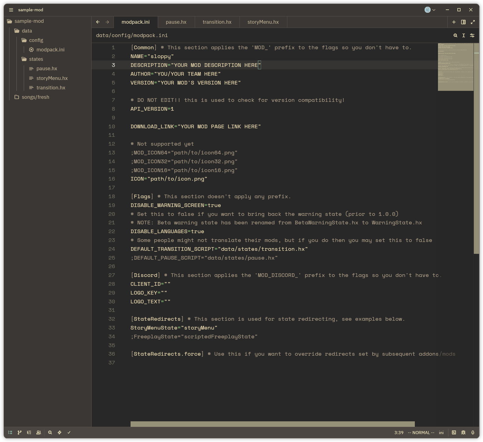 A screenshot of an active Zed session. Although highly configured in terms of theming and the inclusion of Vim mode, this is the same sample mod from the VSCode example.